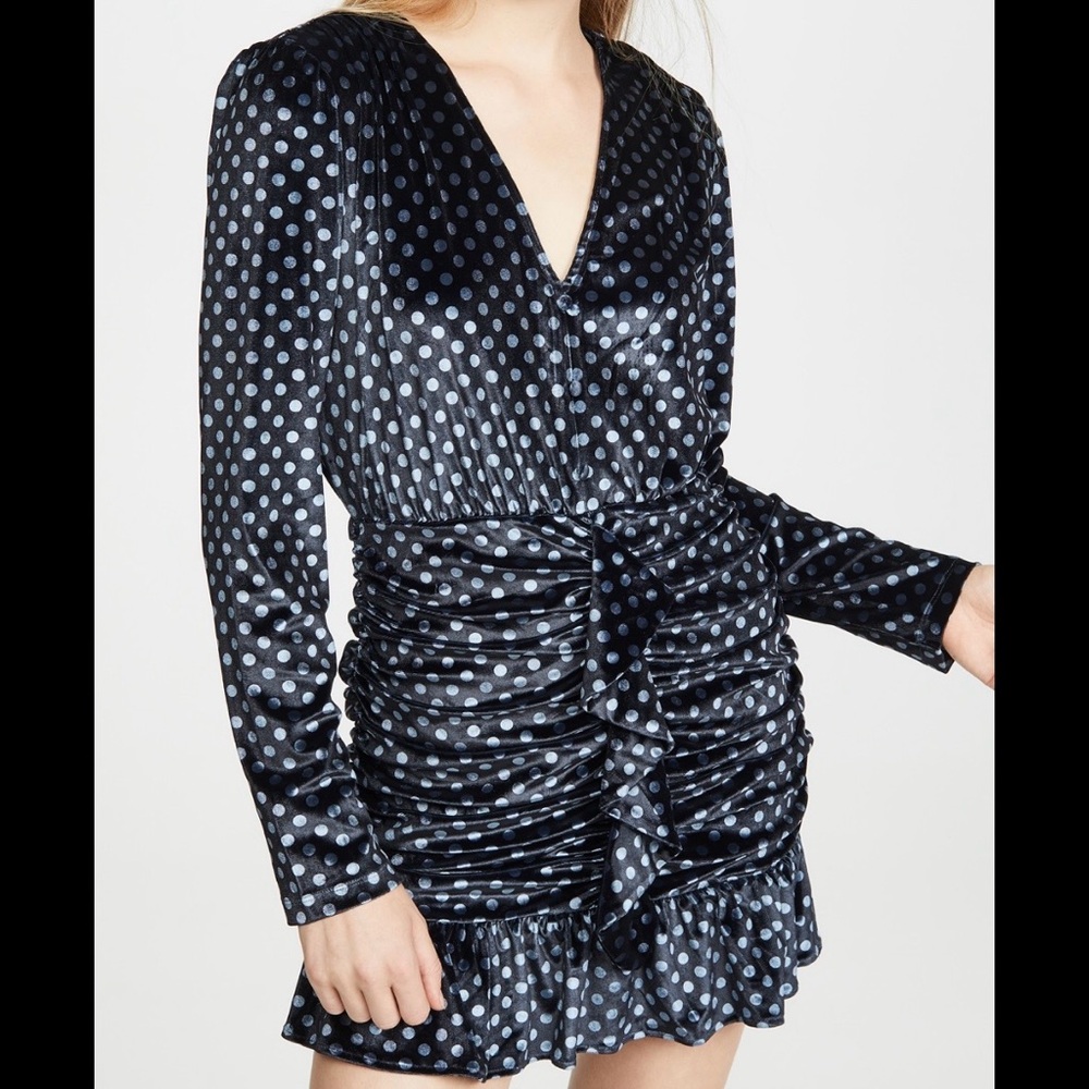 Endless Rose Black Ruched Blue Polka Dot Long Sleeve Velvet Dress Size XS